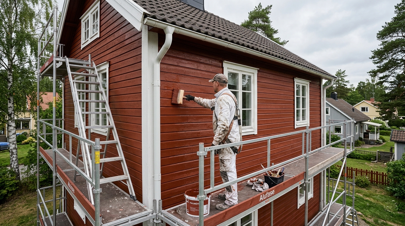 Fasadmålare på ställning målar ett trähus i Göteborg