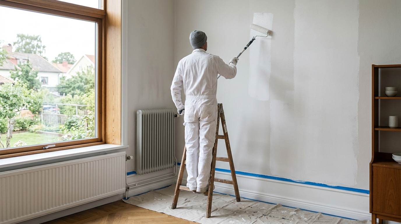 Professionell inomhusmålare applicerar täckmärg på slätputsad vägg med maskerade lister och fönsterkarmar