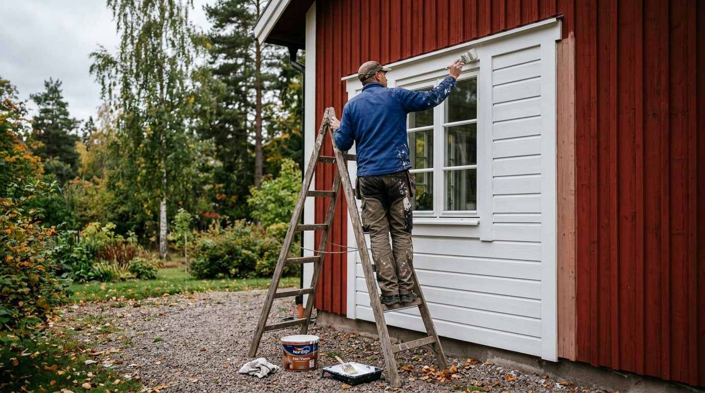 Målare på stege målar utsidan av ett trähus i Göteborg
