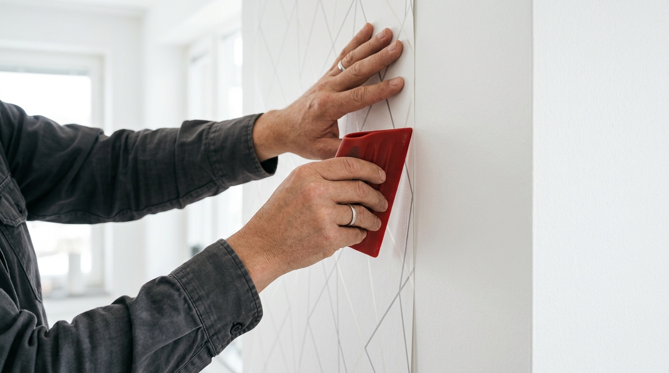 Tapetserare mönsterpassar tapet på en vägg i ett hem i Göteborg