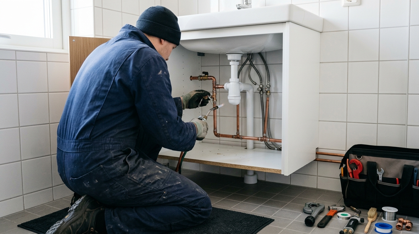 VVS-installatör installerar rörledningar i ett badrum i Göteborg